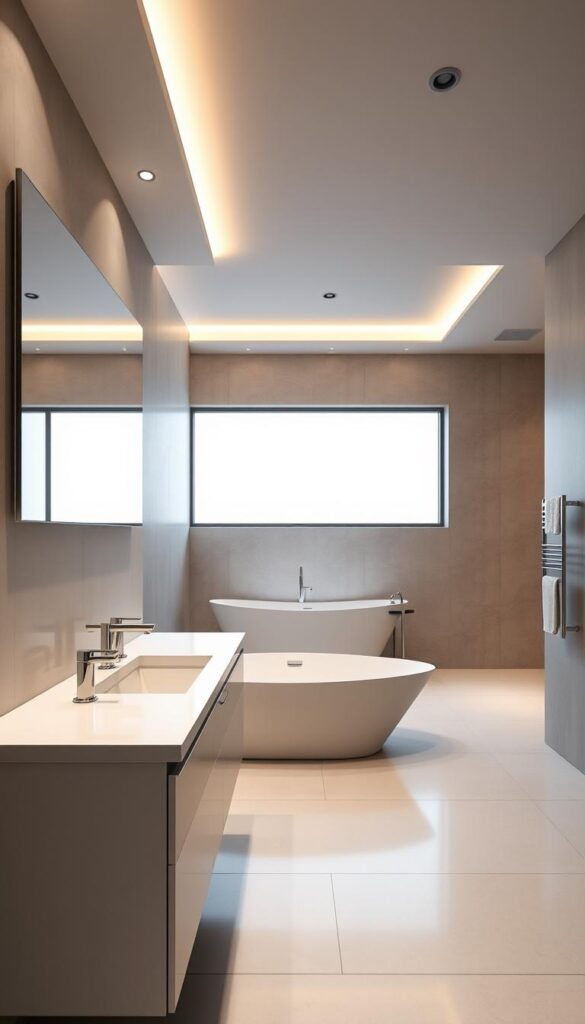 A modern, minimalist bathroom with clean lines and a sleek, high-end aesthetic. In the foreground, a floating vanity with a large, rectangular mirror above it, complemented by polished chrome fixtures. In the middle ground, a freestanding bathtub with a modern, geometric design, positioned in front of a large window that allows natural light to flood the space. In the background, a subtle, textured wall in a muted color palette, such as a soft gray or beige, creating a calming and sophisticated ambiance. The overall lighting is a combination of recessed ceiling lights and task lighting around the vanity, illuminating the space with a warm, inviting glow.