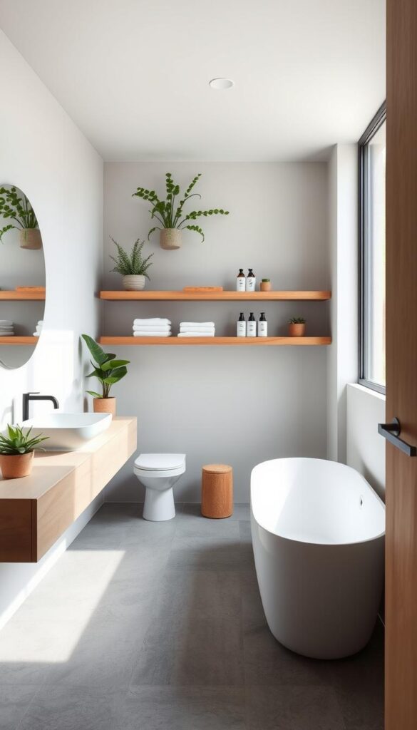 A modern, minimalist bathroom with natural materials and clean lines. A large window floods the space with soft, diffused natural light, illuminating the sleek, floating vanity and freestanding bathtub. Lush, drought-resistant plants in simple ceramic pots add pops of greenery. Reclaimed wood shelves display neatly folded towels and artisanal bath products. Underfoot, matte gray tiles create a grounding, low-maintenance foundation. The overall ambiance is calming, serene, and environmentally conscious.