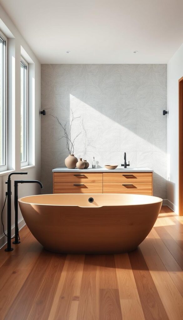 A serene Japandi-style bathroom, bathed in natural light streaming through large windows. The foreground features a freestanding bathtub crafted from smooth, light-toned wood, its simple yet elegant form complemented by minimalist fixtures in matte black. The middle ground showcases a double vanity with understated wood drawers and a stone countertop, flanked by tall, slender plants in ceramic pots. In the background, a feature wall of textured, pale gray tiles creates a calming, organic backdrop, while the floor is covered in warm, natural-toned wood planks. The overall atmosphere evokes a sense of tranquility and harmony, blending Japanese and Scandinavian design principles.