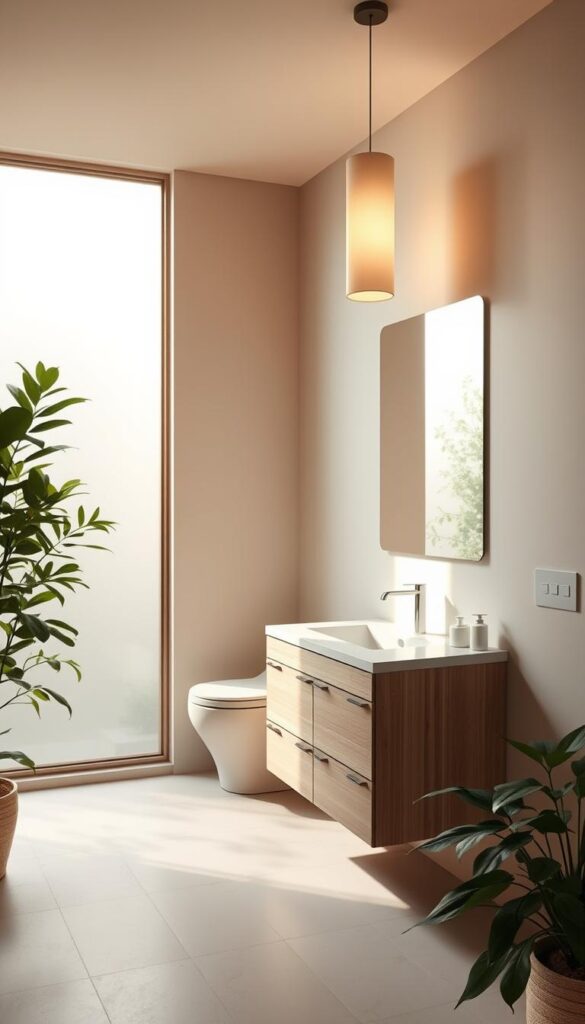 A serene Japandi-style bathroom, bathed in warm, natural lighting. The sleek, minimalist vanity and fixtures in light wood and muted tones create a calming, spa-like ambiance. Soft, diffused illumination from a pair of modern, cylindrical pendant lights above the vanity casts a gentle glow, complementing the neutral palette. The large, frosted glass window allows an abundance of daylight to fill the space, while ensuring privacy. Smooth, pale tiles line the walls and floor, enhancing the serene, zen-like atmosphere. Lush, leafy plants add a touch of greenery, blending the indoor and outdoor elements for a harmonious, nature-inspired aesthetic.