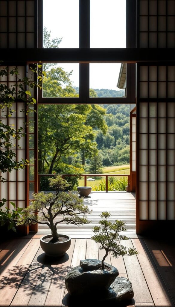 A serene Japanese garden, its lush greenery spilling into a tranquil minimalist indoor space. Sunlight filters through shoji screens, casting a warm, diffused glow. A wooden deck bridges the threshold, blurring the line between nature and shelter. Carefully pruned bonsai trees and a stone water feature adorn the foreground, while in the background, a verdant landscape unfolds, hinting at the interconnectedness of the built and natural environments. The scene evokes a sense of harmony, balance, and the pursuit of a simplified, meditative lifestyle.