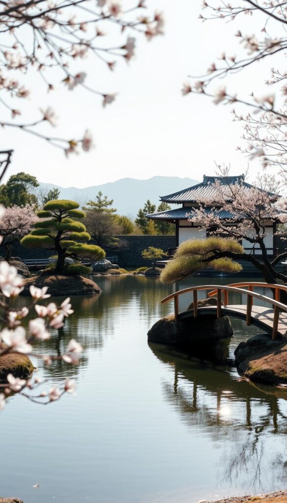 A serene Japanese garden with a tranquil pond, surrounded by manicured bonsai trees and delicate cherry blossoms. The scene is bathed in soft, natural light, creating a sense of calm and contemplation. In the foreground, a minimalist bamboo bridge spans the water, embodying the principles of simplicity and harmony. The middle ground features a traditional Japanese pavilion with clean lines and muted colors, reflecting the aesthetic of wabi-sabi. In the background, a distant mountain range adds depth and a sense of connection to the natural world. The overall composition evokes the Japanese design philosophy of finding beauty in the imperfect, the humble, and the ephemeral.