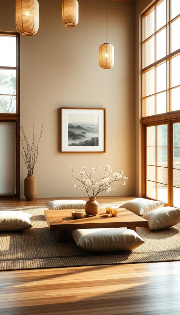 A serene Japanese-inspired living room, bathed in warm, natural light from large windows. The minimalist space features a low, wooden coffee table surrounded by plush, neutral-toned cushions. Delicate bamboo accents and a simple, yet elegant vase of fresh flowers adorn the table, evoking a sense of tranquility. The walls are adorned with a single, framed landscape painting, showcasing the beauty of nature. Soft, diffused lighting emanates from paper lanterns, casting a gentle glow throughout the room. The floors are covered in natural wood, complemented by a woven area rug. An overall atmosphere of simplicity, balance, and harmony permeates the scene.