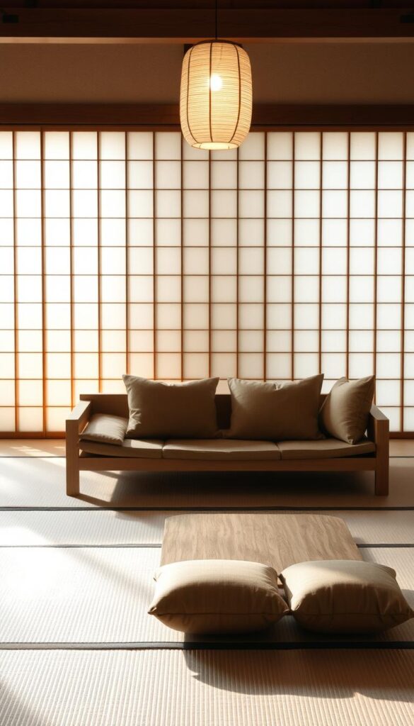A serene Japanese-inspired living room with a focus on minimalist elegance. In the foreground, a low-profile wooden sofa with plush, earthy-toned cushions sits atop a neatly arranged tatami mat floor. Bathed in warm, diffused lighting from a delicate paper lantern, the space exudes a calming ambiance. In the middle ground, a sleek, low-profile coffee table made of natural wood is complemented by a pair of simple yet graceful floor cushions. The background features shoji screens that filter the natural light, creating a soft, diffused glow throughout the room. The overall scene conveys a sense of tranquility and harmony, capturing the essence of Japanese minimalist design.