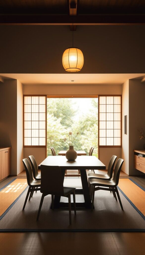 A serene Japanese kitchen and dining space, bathed in warm, natural light filtering through shoji screens. In the foreground, a minimalist wooden dining table surrounded by sleek, low-profile chairs. The countertops are clean and uncluttered, with a simple ceramic vase holding a single bloom. Overhead, a delicate paper lantern casts a soft, ambient glow. In the middle ground, a traditional tatami mat flooring leads the eye to a large picture window, framing a verdant garden view. The background is a soft, neutral palette, with subtle textures in the walls and shoji panels, creating a sense of tranquility and harmonious balance.
