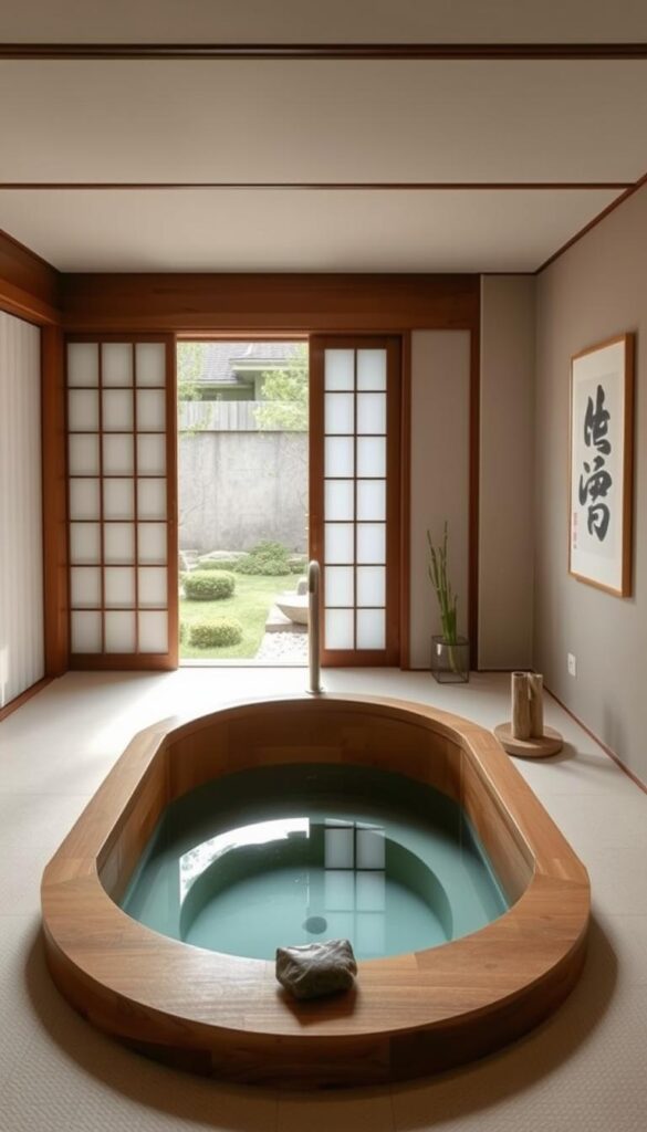 A serene Zen-inspired bathroom with a wooden Ofuro tub nestled in the center. Soft, diffused lighting filters through shoji screens, casting a warm glow on the minimalist decor. The space is adorned with natural elements like river stones, bamboo accents, and a calligraphic ink painting on the wall. An open window offers a glimpse of a tranquil zen garden outside, blurring the boundaries between indoor and outdoor. The atmosphere is one of pure tranquility, inviting the viewer to pause, breathe, and find respite from the outside world.
