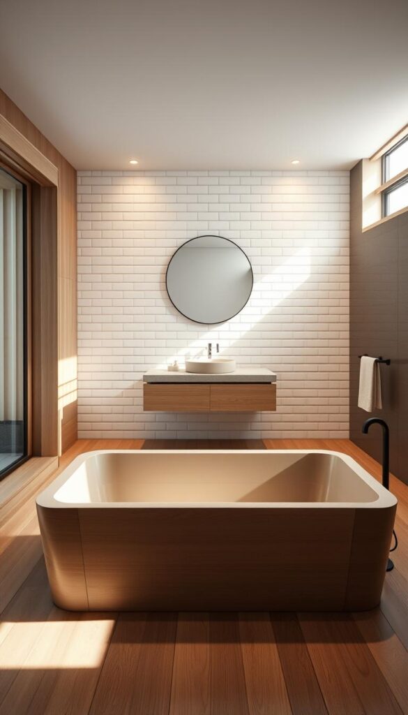 A serene and minimalist Japandi-inspired bathroom, with natural wood elements, muted tones, and clean lines. In the foreground, a deep, rectangular soaking tub is positioned in front of a large window, allowing natural light to flood the space. On the middle ground, a floating vanity with a simple stone countertop and a round mirror above it. The background features white subway tiles, accented by discreet recessed lighting, creating a warm and inviting ambiance. The overall atmosphere is one of tranquility and sophistication, perfectly capturing the essence of the Japandi design philosophy.