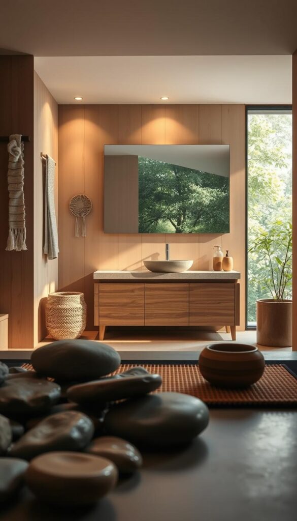 A serene and natural Japandi bathroom setting, bathed in warm, diffused lighting. In the foreground, an arrangement of smooth river stones, earthy ceramic vessels, and a bamboo bath mat. In the middle ground, a minimalist, wooden vanity with clean lines and a natural stone countertop. Hanging on the walls, textured woven wall hangings and a large, frameless mirror. In the background, a view of lush, green foliage through a large window, creating a calming, biophilic atmosphere. The overall mood is one of zen-like tranquility, emphasizing the beauty of natural materials and the harmonious blend of Japanese and Scandinavian design principles.