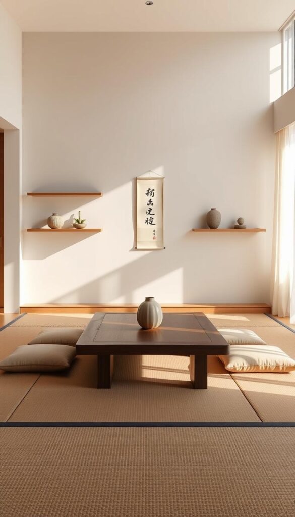 A serene, minimalist Japanese living room bathed in soft natural light. A low, wooden table is the centerpiece, surrounded by plush, neutral-toned cushions on a tatami mat floor. Sleek, angular shelves line the walls, displaying a handful of carefully curated decor pieces - a ceramic vase, a calligraphic scroll, a small Zen garden. The room's palette is muted, with earthy tones and natural materials creating a sense of tranquility. Sunlight filters through sheer curtains, casting a gentle glow over the space. The overall atmosphere is one of understated elegance and profound simplicity.
