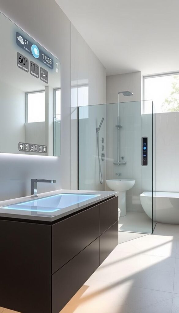 A sleek, minimalist bathroom with smart technology seamlessly integrated. In the foreground, a touch-sensitive countertop illuminates with responsive controls. Overhead, a smart mirror displays real-time weather, time, and personal reminders. In the background, a high-tech shower system with voice-activated settings and mood lighting. Natural light streams in through large windows, creating a bright, airy atmosphere. The space exudes a sense of modern luxury and technological sophistication.