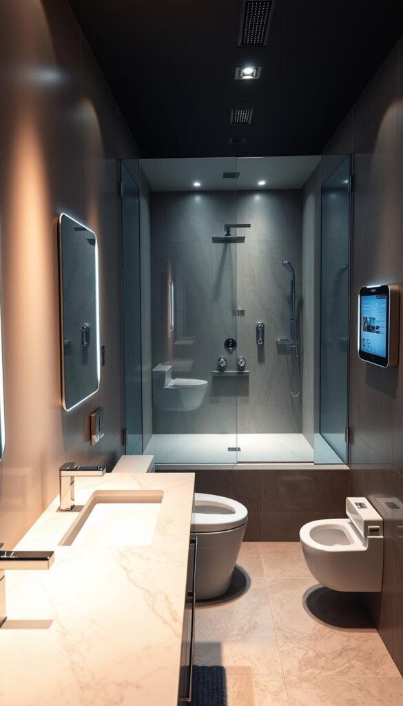 A sleek, modern bathroom with high-tech features gleams under soft, warm lighting. The vanity counter is a seamless expanse of polished stone, dotted with touchscreen faucets and digital display mirrors. The shower enclosure is a futuristic, glass-walled oasis, with voice-controlled temperature and water pressure settings. Recessed lighting casts a subtle glow, while a discreet in-mirror TV screen offers entertainment. The toilet features a built-in bidet and automatic lid. Underfoot, a heated tile floor radiates comfort. The overall atmosphere is one of streamlined sophistication and effortless functionality.