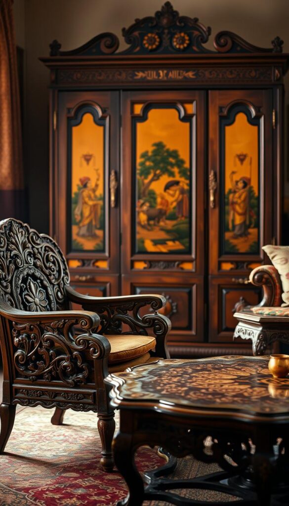 A stunning vintage Indian furniture ensemble, bathed in warm, diffused lighting and captured with a shallow depth of field. In the foreground, an intricately carved teak wood armchair with ornate floral motifs, its weathered patina exuding a sense of timeless elegance. Beside it, a low, ornate coffee table with a delicate inlaid design, its surface reflecting the soft light. In the middle ground, a tall, elaborately decorated armoire with hand-painted panels depicting traditional Indian scenes, its antique brass hardware gleaming. The background is hazy, suggesting a cozy, intimate setting, perhaps an elegant Indian drawing room or study, where history and tradition seamlessly blend with modern sensibilities. A stunning vintage Indian furniture ensemble, bathed in warm, diffused lighting and captured with a shallow depth of field. In the foreground, an intricately carved teak wood armchair with ornate floral motifs, its weathered patina exuding a sense of timeless elegance. Beside it, a low, ornate coffee table with a delicate inlaid design, its surface reflecting the soft light. In the middle ground, a tall, elaborately decorated armoire with hand-painted panels depicting traditional Indian scenes, its antique brass hardware gleaming. The background is hazy, suggesting a cozy, intimate setting, perhaps an elegant Indian drawing room or study, where history and tradition seamlessly blend with modern sensibilities.