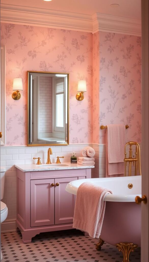 A timeless, elegant pink bathroom with a refined, classic aesthetic. A well-appointed vanity with a large, beveled mirror and gleaming brass fixtures takes center stage, framed by traditional white subway tiles and a delicate floral wallpaper in a soft, muted tone. Warm, ambient lighting casts a gentle glow, creating a tranquil and serene atmosphere. Plush, oversized towels in a complementary shade of pink provide a luxurious touch, while a vintage-inspired clawfoot tub and antique brass hardware add a touch of timeless sophistication. The overall design blends traditional and modern elements seamlessly, resulting in a timeless, sophisticated pink bathroom that exudes elegance and relaxation.