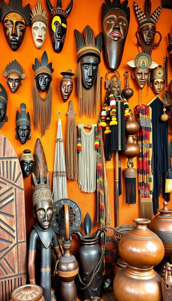 A vibrant and artful display of African tribal decor adorns the walls, featuring an eclectic array of handcrafted masks, wall hangings, and sculptural elements. The foreground showcases intricate wooden carvings with bold geometric patterns and earthy tones, while the middle ground presents an assortment of colorful woven textiles, beaded ornaments, and ceramic vessels. The background is a warm, earthy backdrop that complements the rich, saturated hues of the African-inspired pieces, creating a harmonious and immersive atmosphere. The lighting is soft and natural, casting a gentle glow that highlights the unique textures and details of the tribal art. The overall composition conveys a sense of cultural authenticity, cultural heritage, and a bohemian, laid-back ambiance.