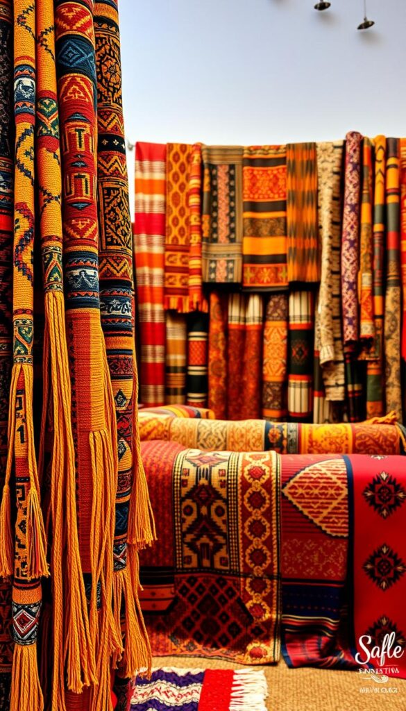 A vibrant and textured display of African textiles, showcasing a captivating array of patterns and colors. In the foreground, intricate woven fabrics in rich hues of ochre, indigo, and crimson cascade gracefully, their intricate motifs and designs commanding attention. The middle ground features a diverse tapestry of textiles, each with its own unique story, woven together to create a mesmerizing visual harmony. In the background, a softly-lit, neutral backdrop allows the textiles to take center stage, their vibrant hues and textures shining through. The overall scene exudes a warm, inviting atmosphere, capturing the essence of Afrohemian decor and the captivating world of African textile artistry.