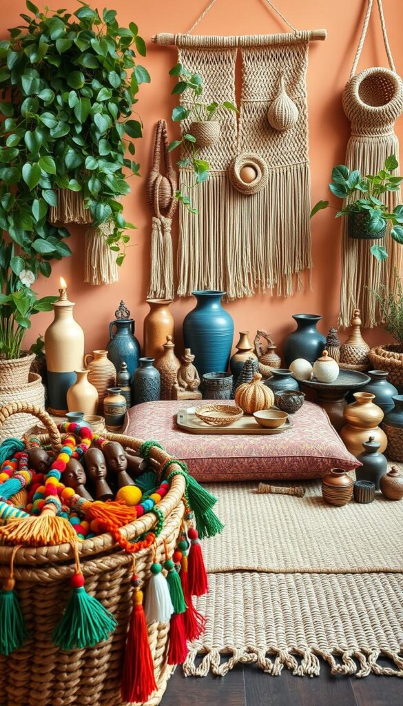 A vibrant arrangement of Afrohemian decor accessories in a warm, natural lighting. In the foreground, a woven basket overflows with an assortment of colorful tassels, beads, and carved wooden figurines. In the middle ground, a plush, patterned floor cushion sits atop a woven area rug, surrounded by an array of decorative vases, ceramic dishes, and metal trinkets in earthy tones. The background features lush, leafy plants cascading from macrame wall hangings, creating a lush, bohemian ambiance. The overall scene exudes a sense of cultural richness, warmth, and artistic expression.