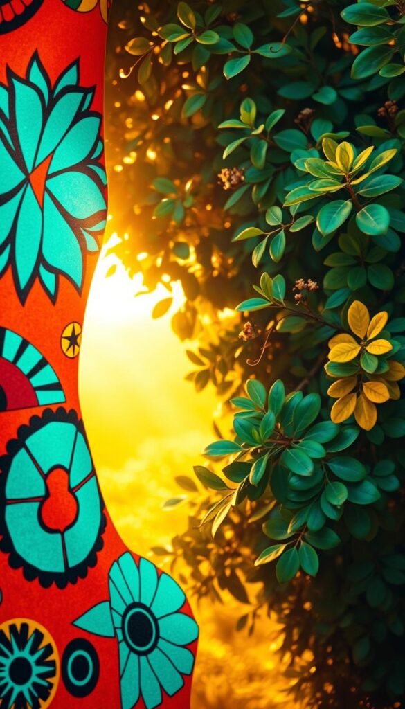 A vibrant kaleidoscope of colors swirls across the canvas, capturing the essence of Afrohemian design. In the foreground, bold geometric patterns in saturated hues of ochre, crimson, and turquoise dance together, creating a captivating visual symphony. The middle ground features lush, verdant foliage with intricate leaf structures, adding depth and a sense of organic harmony. In the background, a warm, golden glow bathes the scene, evoking the sun-drenched landscapes of the African continent. The lighting is soft and diffused, creating a dreamlike, immersive atmosphere that transports the viewer into the vibrant world of Afrohemian aesthetics. The overall composition is balanced, with a harmonious interplay of colors, textures, and forms that celebrates the vibrant, soulful essence of this design style.