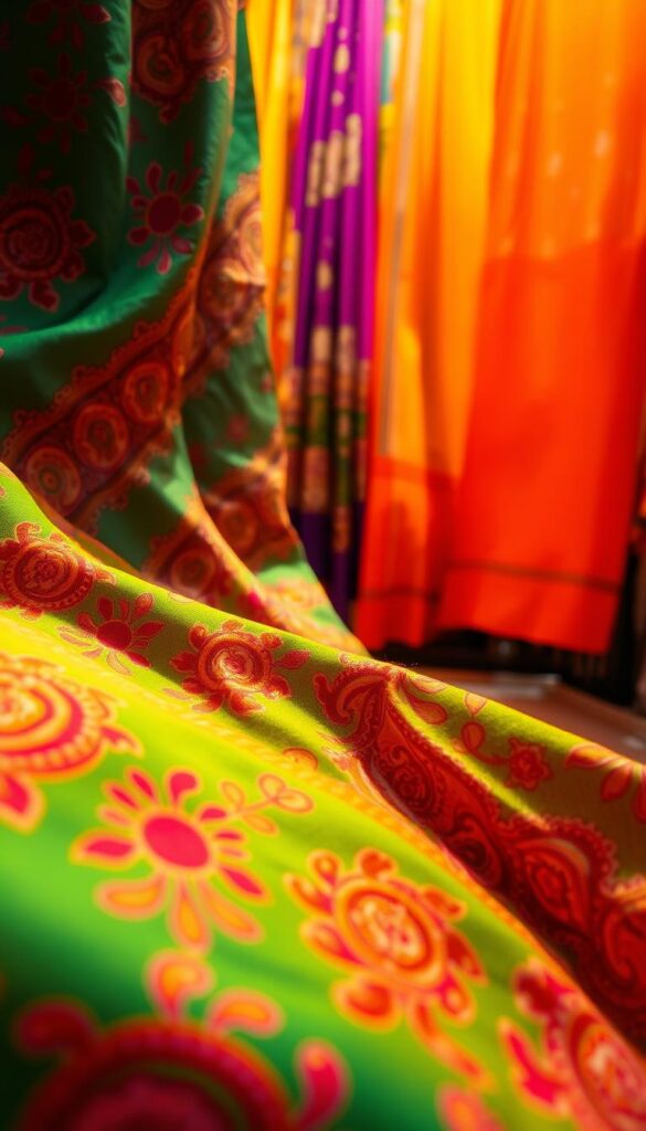 A vibrant tapestry of rich, saturated hues cascades across the frame, capturing the essence of vintage Indian fabrics. In the foreground, intricate paisley patterns and delicate floral motifs dance across a lush, velvety textile, illuminated by soft, warm lighting. The middle ground reveals an array of vibrant saris, their shimmering silk threads catching the light and casting a dreamy, ethereal glow. In the background, a tapestry of traditional Indian textiles unfurls, showcasing the depth and diversity of this timeless artform. The scene evokes a sense of cultural heritage, timeless beauty, and the stories woven into the very fabric of India's past. A vibrant tapestry of rich, saturated hues cascades across the frame, capturing the essence of vintage Indian fabrics. In the foreground, intricate paisley patterns and delicate floral motifs dance across a lush, velvety textile, illuminated by soft, warm lighting. The middle ground reveals an array of vibrant saris, their shimmering silk threads catching the light and casting a dreamy, ethereal glow. In the background, a tapestry of traditional Indian textiles unfurls, showcasing the depth and diversity of this timeless artform. The scene evokes a sense of cultural heritage, timeless beauty, and the stories woven into the very fabric of India's past.