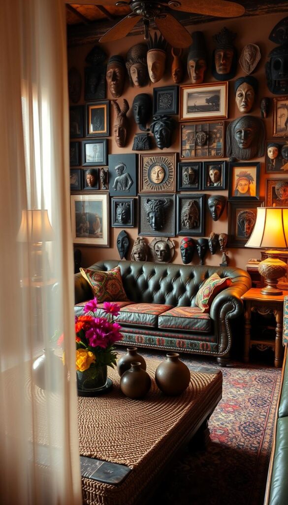 A warm, richly textured living room filled with an eclectic mix of vibrant African textiles, plush leather seating, and intricate wooden carvings. Soft, diffused lighting filters through sheer curtains, casting a cozy glow over the space. In the foreground, a low, hand-woven coffee table is adorned with sculptural ceramic pieces and a vibrant floral arrangement. The middle ground features a deep, tufted sofa in a bold, tribal-inspired pattern, flanked by carved wooden side tables and a large, ornate area rug. In the background, a gallery wall showcases an array of framed African art and masks, creating a layered, visually striking display. The overall atmosphere is one of warmth, culture, and eclectic, bohemian charm.