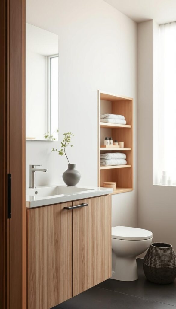 A well-lit, minimalist Japandi-style bathroom interior with a focus on practical, yet elegant storage solutions. The foreground features a wall-mounted vanity cabinet with clean lines, natural wood tones, and sleek metal hardware. On the countertop, a few decorative objects like a potted plant and a simple ceramic vase create a serene, balanced composition. The middle ground showcases a recessed shelf unit built into the wall, providing ample storage space for towels, toiletries, and other bathroom essentials. The background hints at a large window flooding the room with soft, diffused natural light, creating a calming, spa-like atmosphere. The overall mood is one of understated sophistication and functional minimalism.