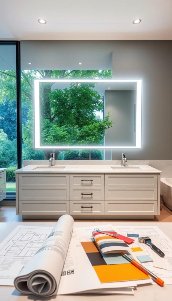 A well-lit, spacious bathroom interior with a large vanity, modern sink, and sleek faucet fixtures. The vanity features a series of drawers and cabinets with a marble countertop. Hanging above the vanity is a large, backlit mirror surrounded by minimalist lighting. In the foreground, several home renovation planning materials are neatly arranged, including a blueprint, color swatches, and tools. The background showcases a serene, natural scene through a large window, with lush greenery and soft, diffused lighting. The overall atmosphere conveys a sense of thoughtful planning, modern elegance, and harmonious integration of function and aesthetic.