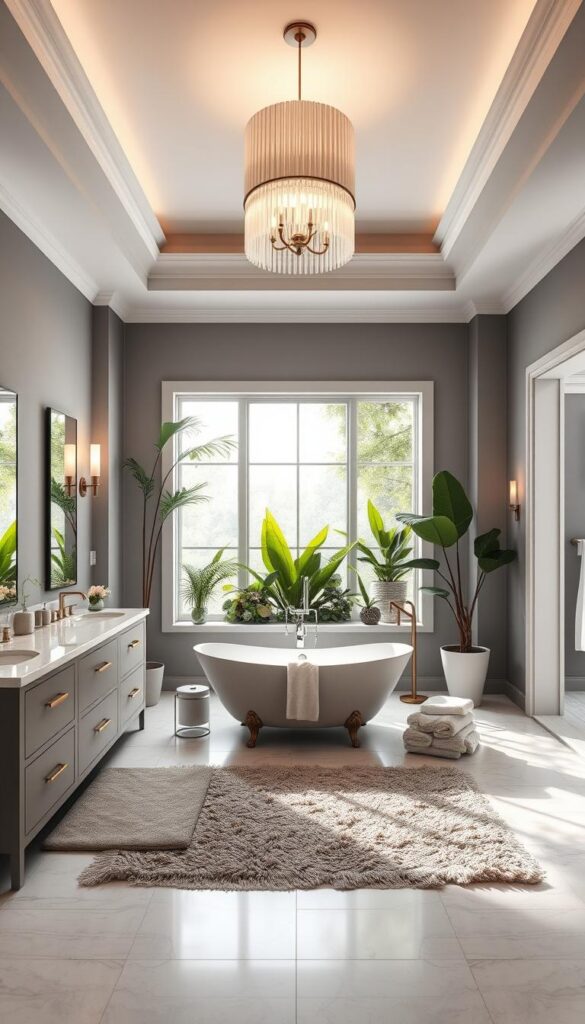 Elegant and serene luxury bathroom with a spacious, open-concept design. Sleek marble vanity with a double sink, backlit mirrors, and premium fixtures. Freestanding, claw-foot bathtub positioned in the center, with lush greenery and natural light streaming in through large windows. Muted color palette of soft grays, whites, and natural wood accents. Plush, textured rugs and towels add visual depth. Overhead, a statement light fixture casts a warm, ambient glow. The room exudes a spa-like ambiance, inviting relaxation and indulgence.