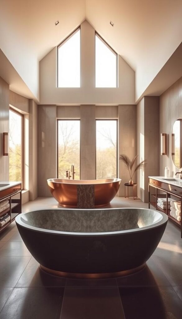 Freestanding bathtubs in a modern, luxurious bathroom setting. Generously sized, sculptural tubs made of high-end materials like stone, copper, or cast iron, bathed in warm, natural lighting filtering through large windows. The tubs are placed as the focal point, surrounded by minimalist tiles, sleek vanities, and understated fixtures that complement the statement pieces. The overall atmosphere is one of refined elegance, where the bathtubs serve as transformative, functional art pieces that elevate the entire space.