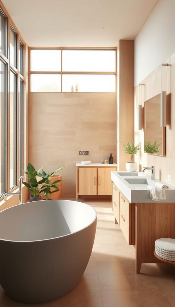 Japandi color scheme - a serene and harmonious blend of Japanese minimalism and Scandinavian functionality. An intimate bathroom scene, flooded with warm, diffused natural light from large windows. The foreground features a freestanding bathtub in a muted shade of gray, its smooth, curved lines complemented by simple wooden accents. In the middle ground, a vanity unit in light oak tones, with minimalist fixtures and a rectangular mirror. The background showcases earthy-toned tiles, creating a calming, spa-like ambiance. Soft, pastel-colored towels and potted plants add subtle pops of color, while the overall palette remains grounded in neutral hues of beige, gray, and wood tones, evoking a sense of tranquility and balance.