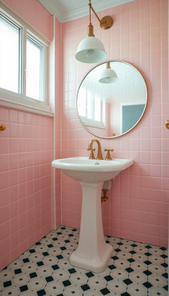Vintage pink bathroom, classic 1950s style. Soft, pastel pink tiles cover the walls, creating a warm, cozy atmosphere. A vintage pedestal sink stands in the foreground, its elegant curves complemented by a polished brass faucet. Overhead, a retro-inspired light fixture casts a gentle glow, illuminating the space. In the background, a large, round mirror reflects the room, adding depth and a touch of timeless elegance. The floors are covered in classic black and white hex tiles, completing the vintage aesthetic. The lighting is natural, filtered through a frosted window, casting a soft, diffused light that enhances the nostalgic charm. This vintage pink bathroom exudes a sense of timeless style and relaxation.