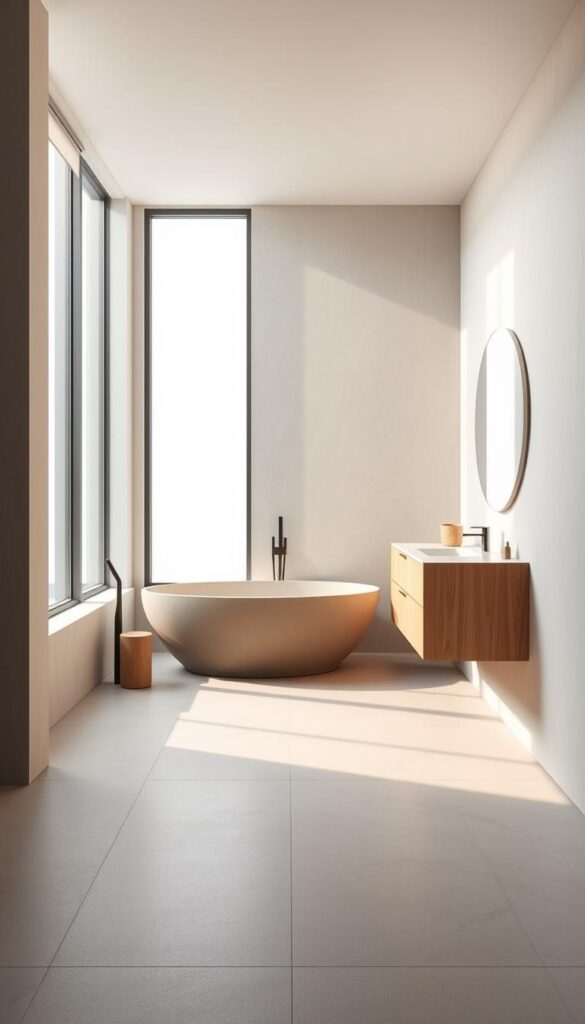 a minimalist modern bathroom with clean lines, simple geometric shapes, and a focus on natural materials. the room is bathed in soft, even lighting from large windows, casting a serene, calming atmosphere. the centerpiece is a freestanding bathtub made of smooth, polished stone, positioned to take advantage of the natural light. the vanity is a sleek, wall-mounted design in light wood, complemented by a large circular mirror. the floors are covered in large, neutral-toned tiles, and the walls feature a textured, matte finish in a neutral color palette. the overall aesthetic is one of understated elegance and tranquility.