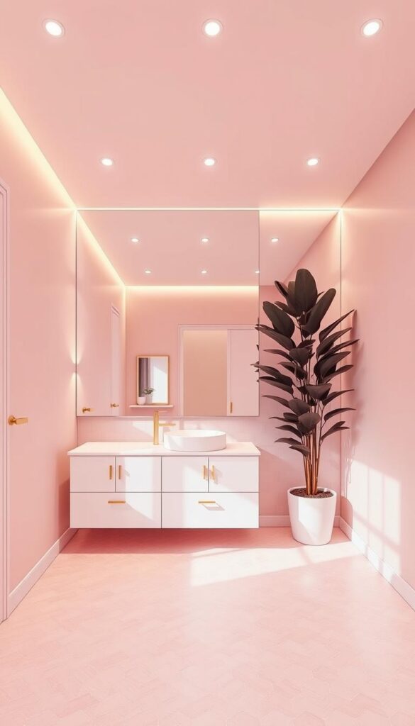 a modern and stylish pink bathroom design with a large, frameless mirror taking up the entire back wall, reflecting the space and creating an illusion of depth. The floor is covered in sleek, hexagonal pink tiles that complement the white vanity with gold hardware. The vanity has a single round basin and a minimalist faucet. Recessed lighting along the ceiling casts a warm, diffused glow throughout the room, creating a relaxing and spa-like atmosphere. The walls are painted a soft, blush pink, adding to the serene and feminine feel of the space. A large, lush plant in the corner brings a touch of nature into the modern design.