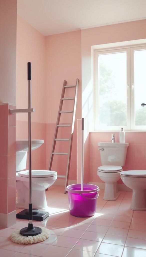 a pink bathroom with a mop, bucket, and cleaning supplies neatly arranged on the tiled floor, sunlight streaming through a large window, casting a warm glow on the pristine white porcelain fixtures and the soft pink walls, a sense of order and cleanliness permeating the space, a ladder leaning against the wall, suggesting a recent maintenance task, the atmosphere one of care and attention to detail, the image conveying the importance of regular upkeep to preserve the beauty and appeal of a pink bathroom
