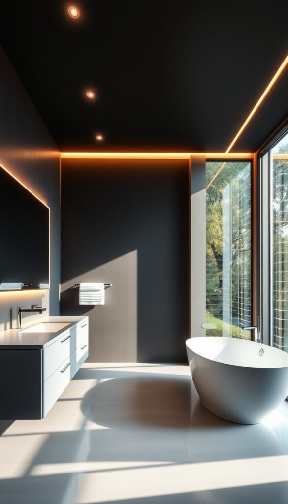 a sophisticated modern bathroom with sleek, minimalist design and innovative lighting. the room is filled with natural light from large windows, casting a warm glow on the clean lines of the vanity and bathtub. recessed LED lights in the ceiling and along the vanity mirror provide a soft, ambient illumination, accentuating the clean, contemporary aesthetic. the lighting is strategically placed to create depth and highlight the key architectural features, such as the floating vanity and the free-standing bathtub. the overall atmosphere is one of tranquility and sophistication, perfect for a relaxing, spa-like experience.