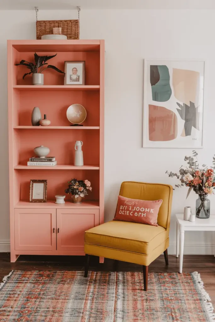 Budget-friendly colorful living room with repainted coral bookshelf, mustard chair, and DIY art