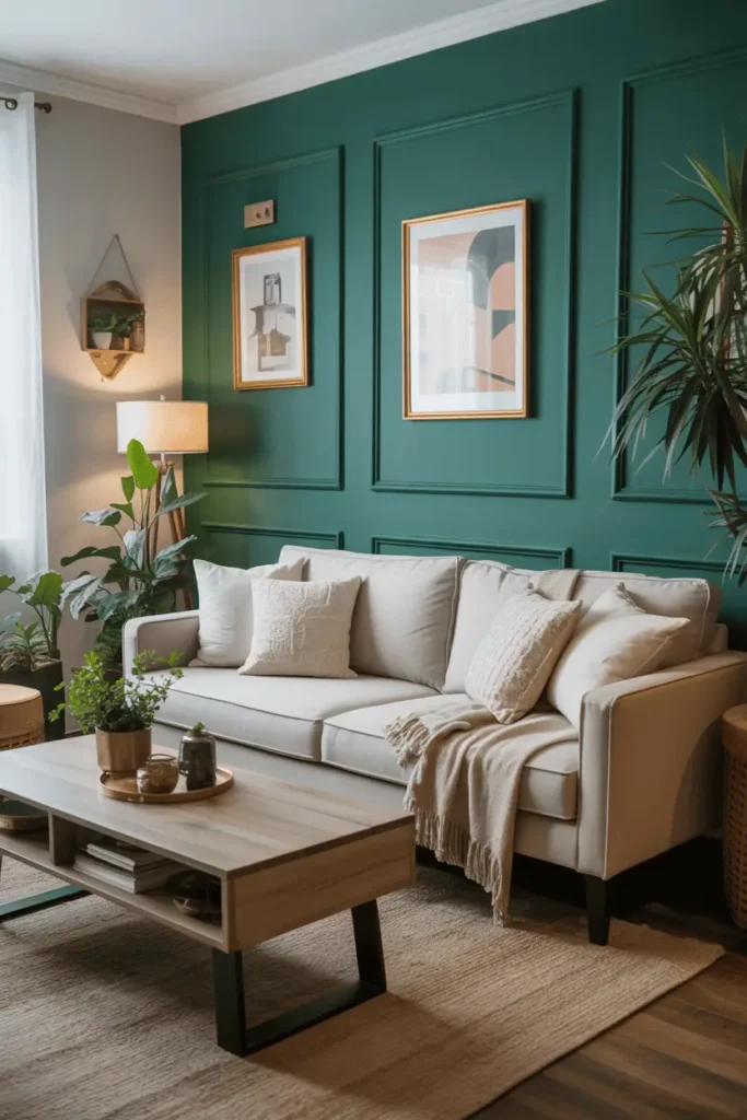 Modern colorful living room with emerald green statement wall, neutral sofa, and cozy accents