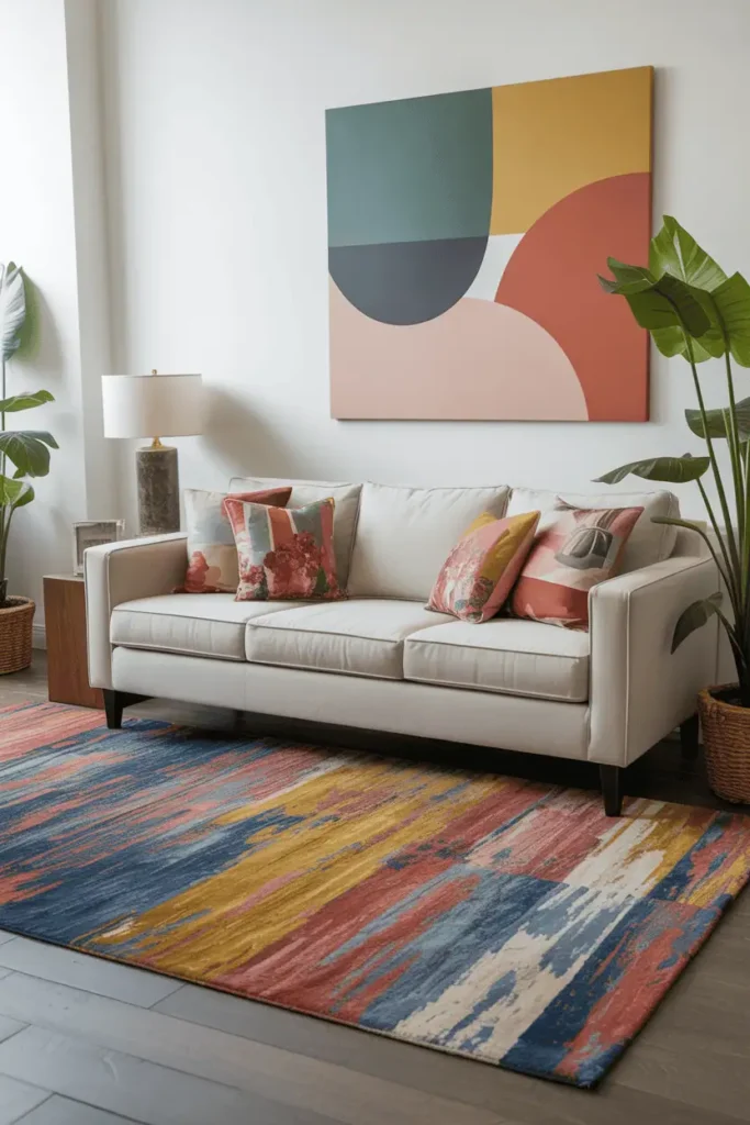 Living room designed around a colorful multicolored rug with coral, navy, and gold accents