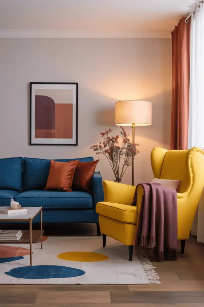Colorful living room featuring navy sofa with orange accents and complementary color decor.