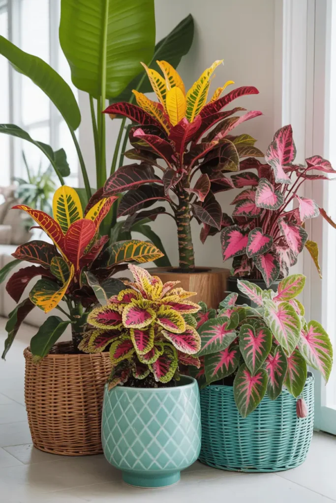 Living room with colorful plants in vibrant planters adding natural pops of red, pink, and yellow.