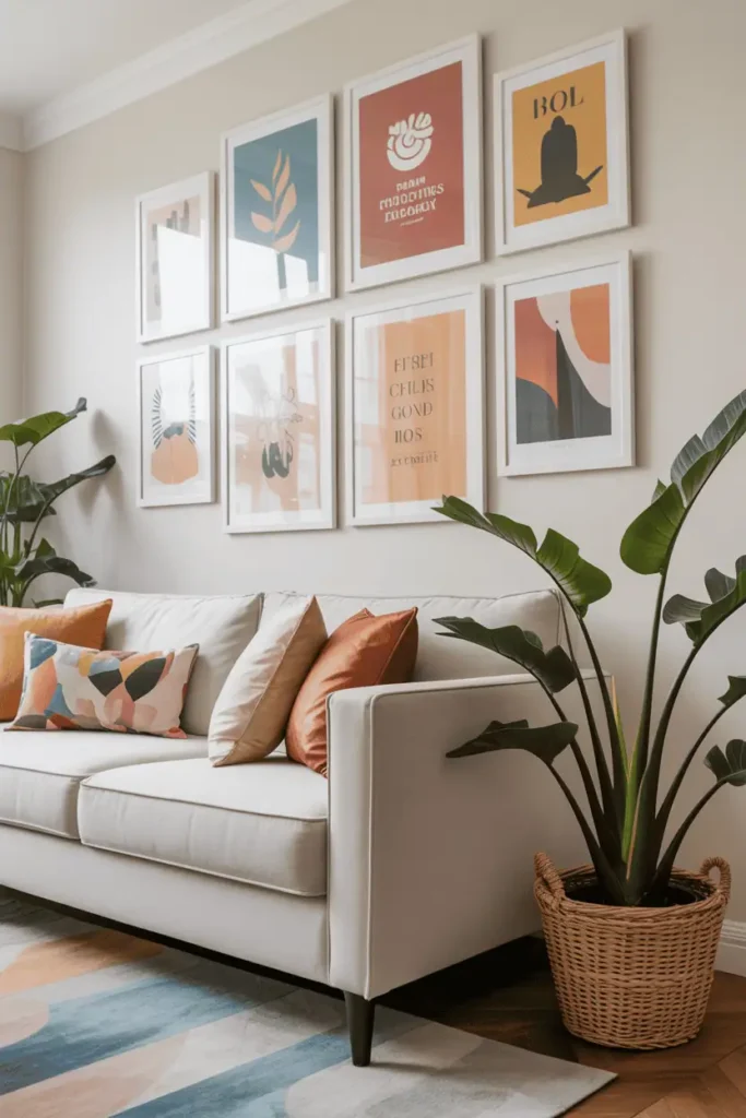Colorful living room with eclectic gallery wall above sofa and coordinated decor accents.