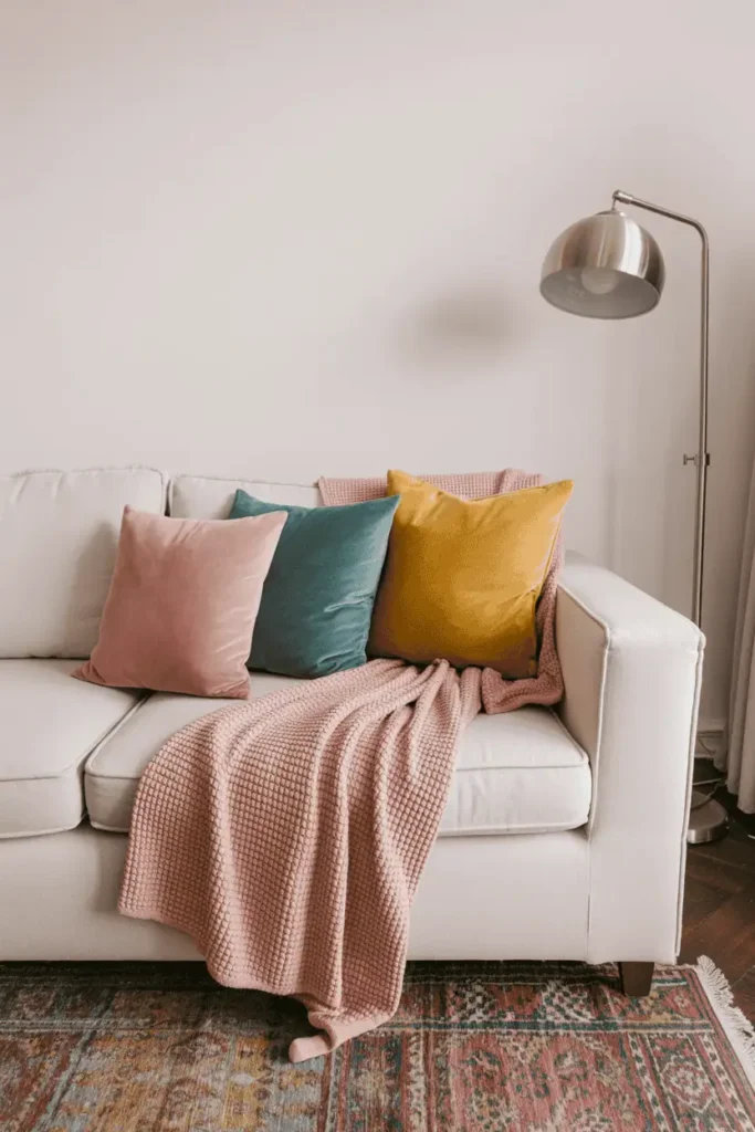 Living room with colorful layered textiles including patterned rug, throw pillows, and blankets.