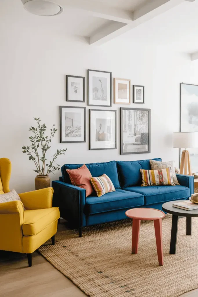 Colorful living room featuring navy velvet sofa, mustard armchair, and coral accent table.