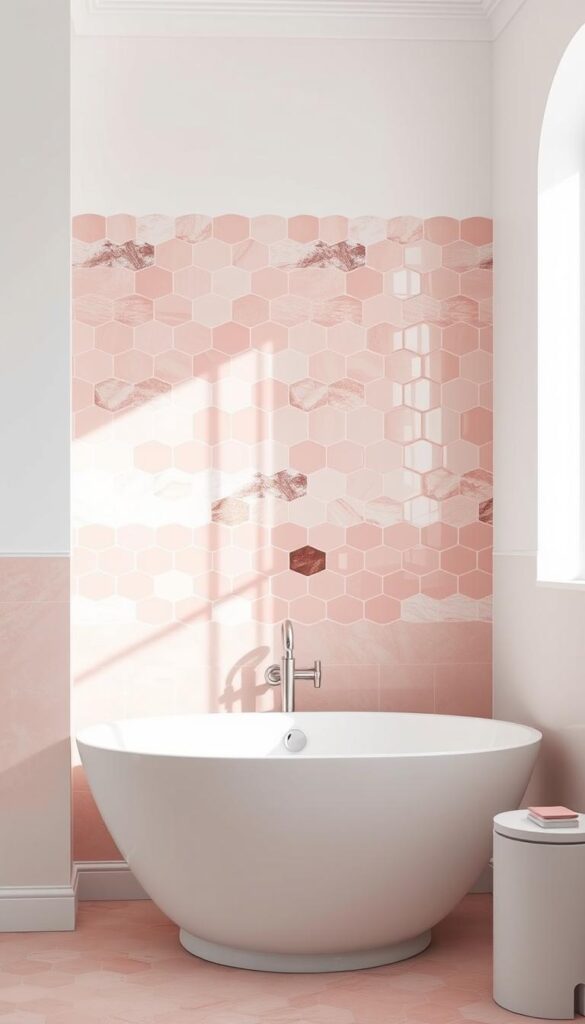 high quality, detailed, 8K, photorealistic image of elegant pink tile designs for bathroom accent walls, featuring a mix of different tile patterns, textures, and finishes including subway tiles, hexagon tiles, and glossy and matte tiles in various shades of pink, with subtle variations in tone and hue, set against a clean, minimalist white background, with soft, natural lighting from the side creating depth and dimension, showcasing the beautiful, luxurious, and visually appealing nature of these pink tile design options