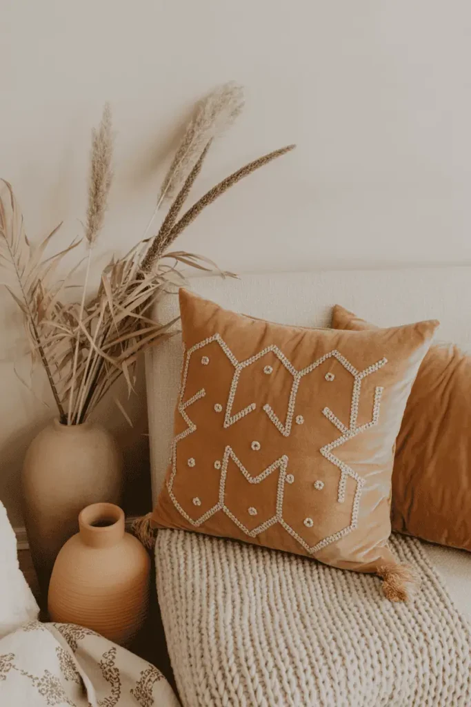 Seasonal living room decor with terracotta and golden pillows.