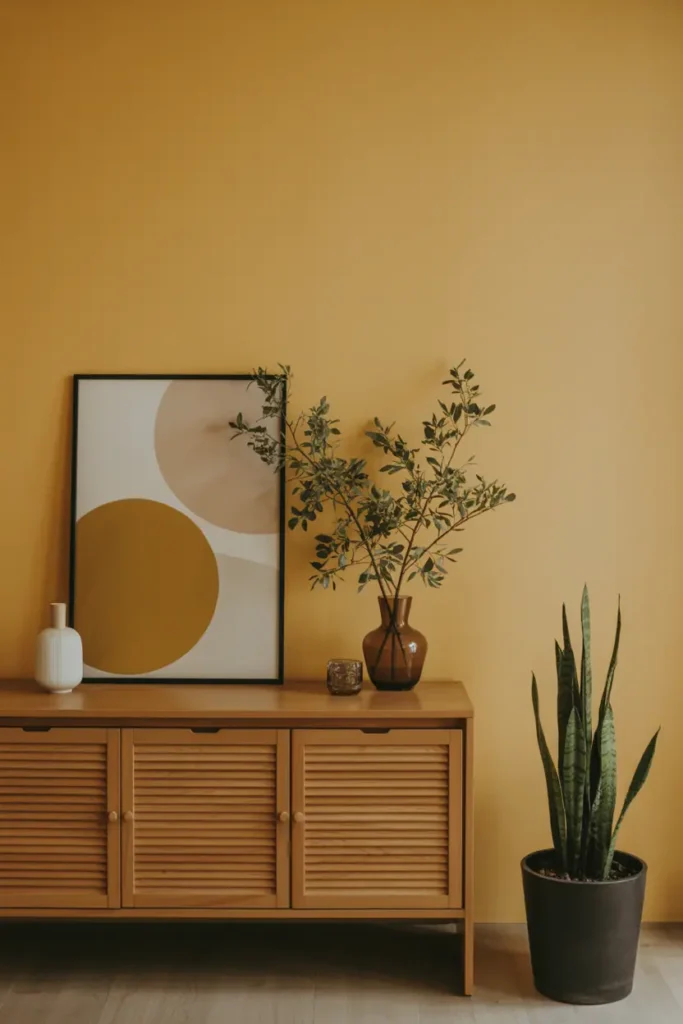 Golden yellow wall with rustic sideboard.