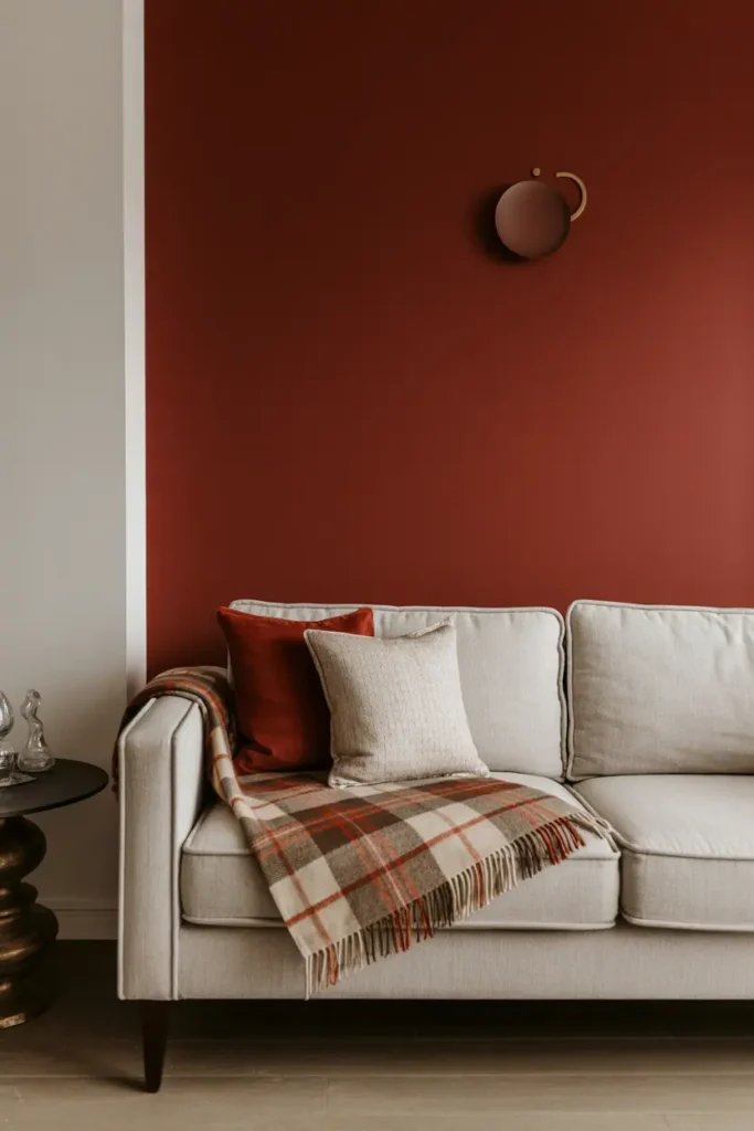 Crimson wall with beige sofa and plaid throw.