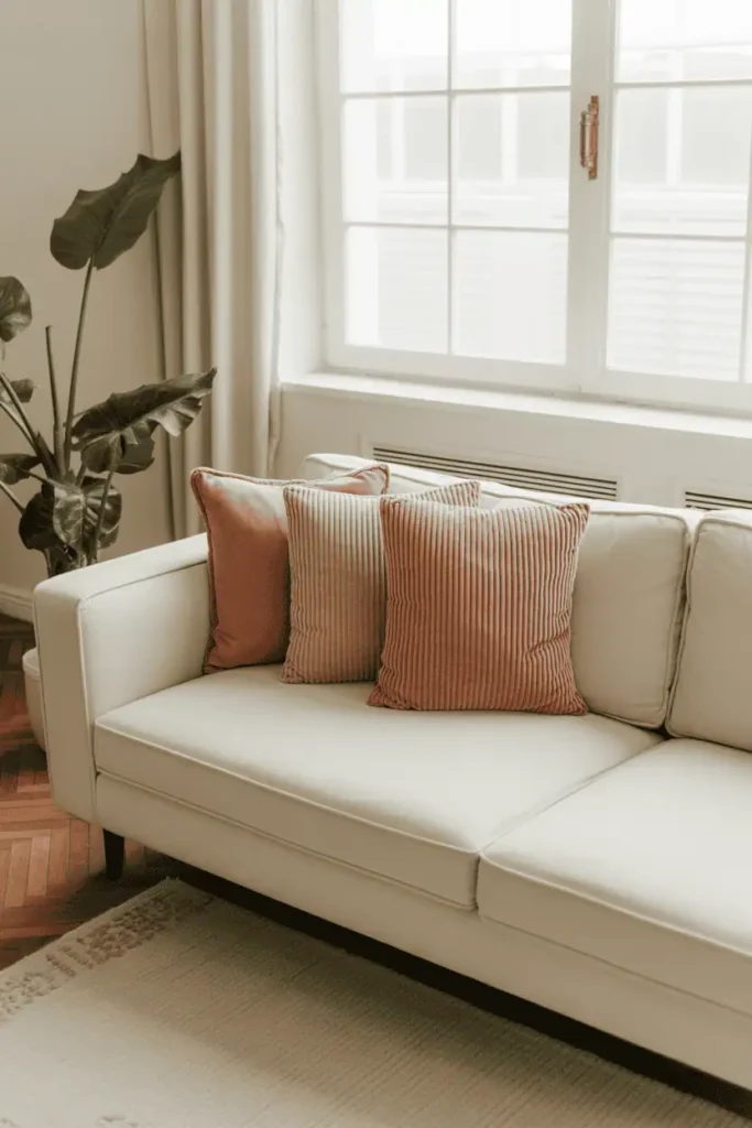 Cream sofa with dusty rose pillows.