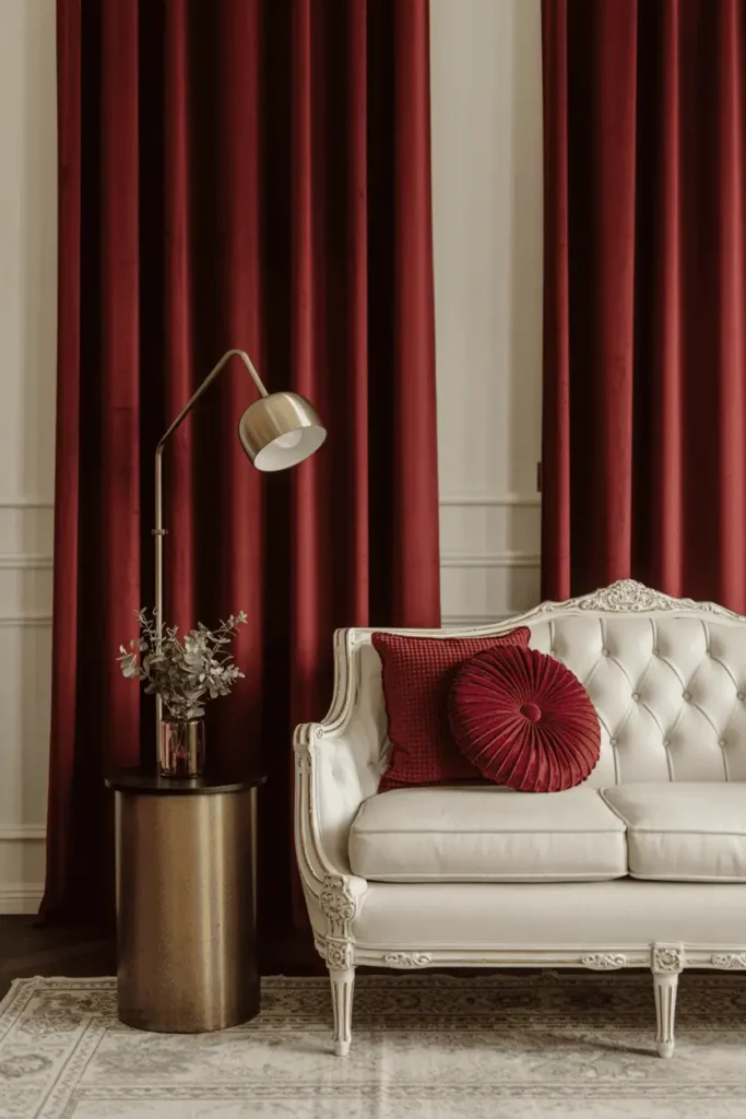 Burgundy curtains and cream sofa with gold decor.