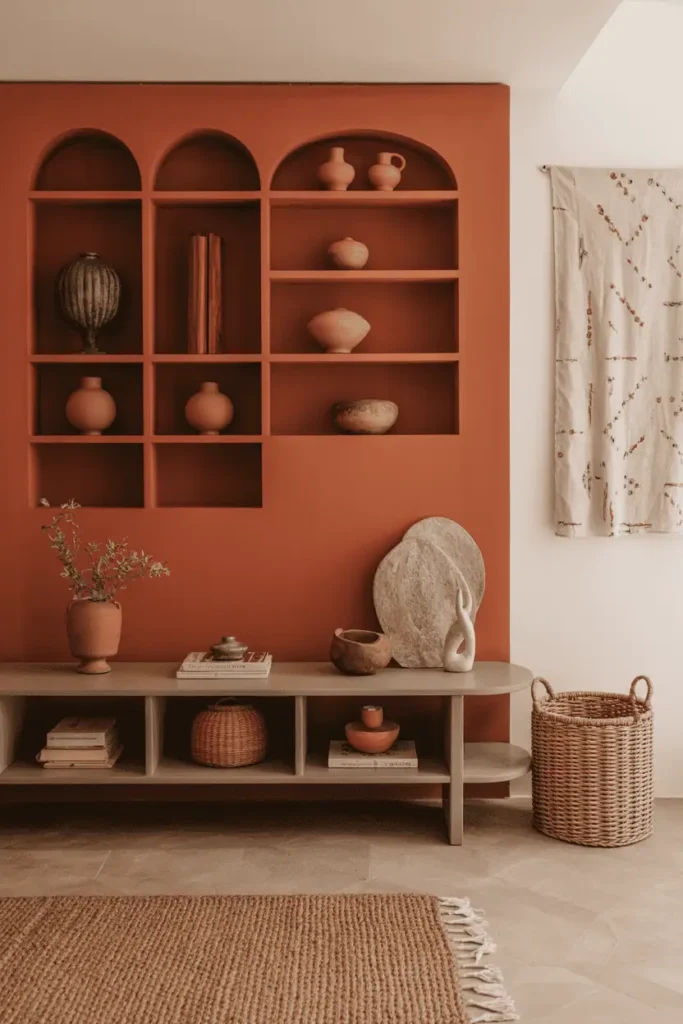 Terracotta wall with rustic pottery and rug.