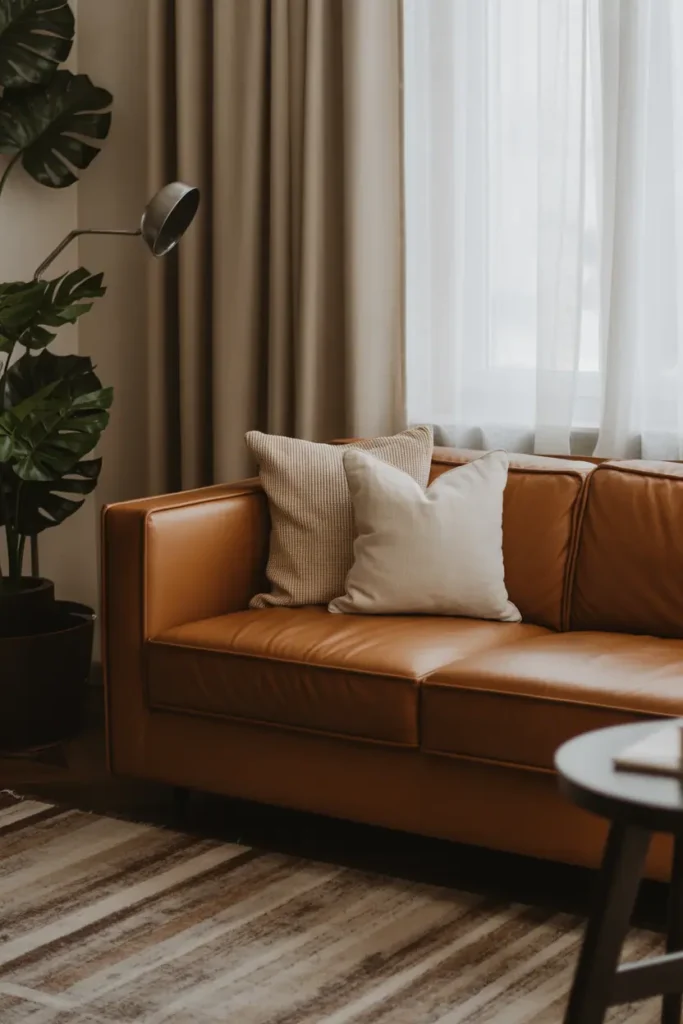 Espresso leather sofa with cream throw pillows.