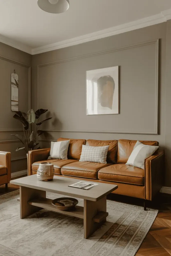 Warm camel sofa with mushroom gray walls.